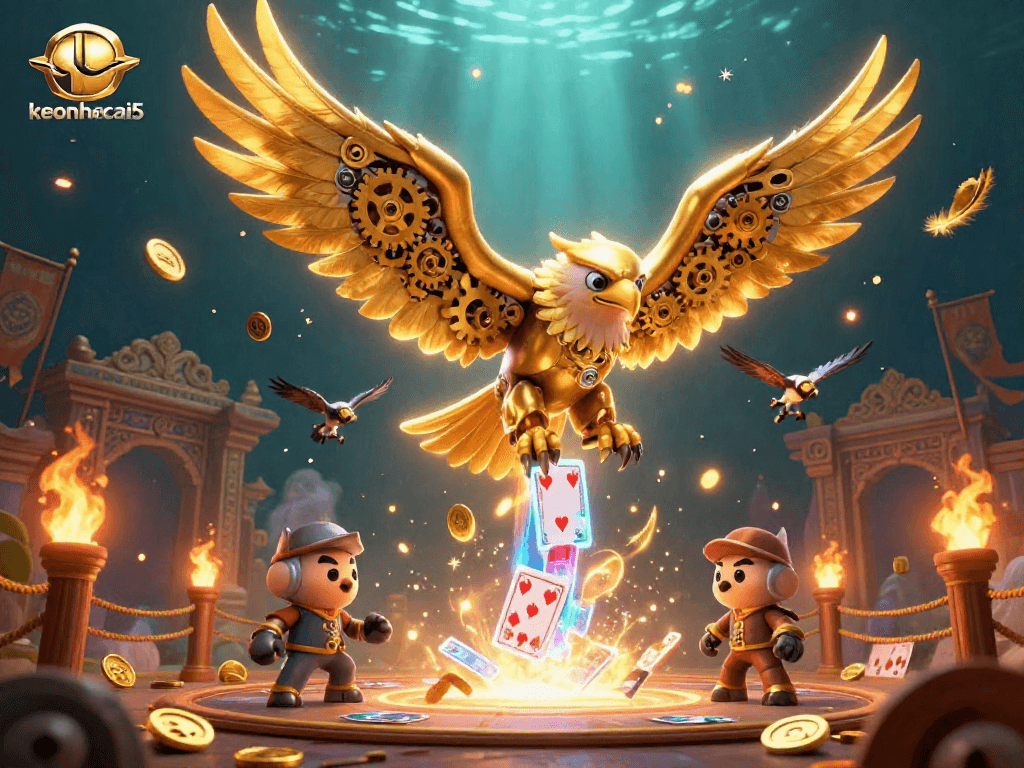 Experience the thrill of keonhacai5 with a cybernetic eagle amidst holographic playing cards.
