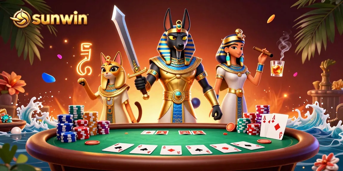 Join the exciting action at sunwin with Anubis and Bastet amidst poker glory and vibrant gaming elements.