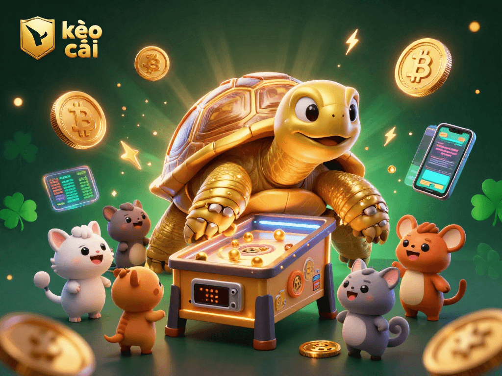 Engage with kèo nhà cái in a vibrant casino scene featuring a golden tortoise pinball machine and crypto elements.