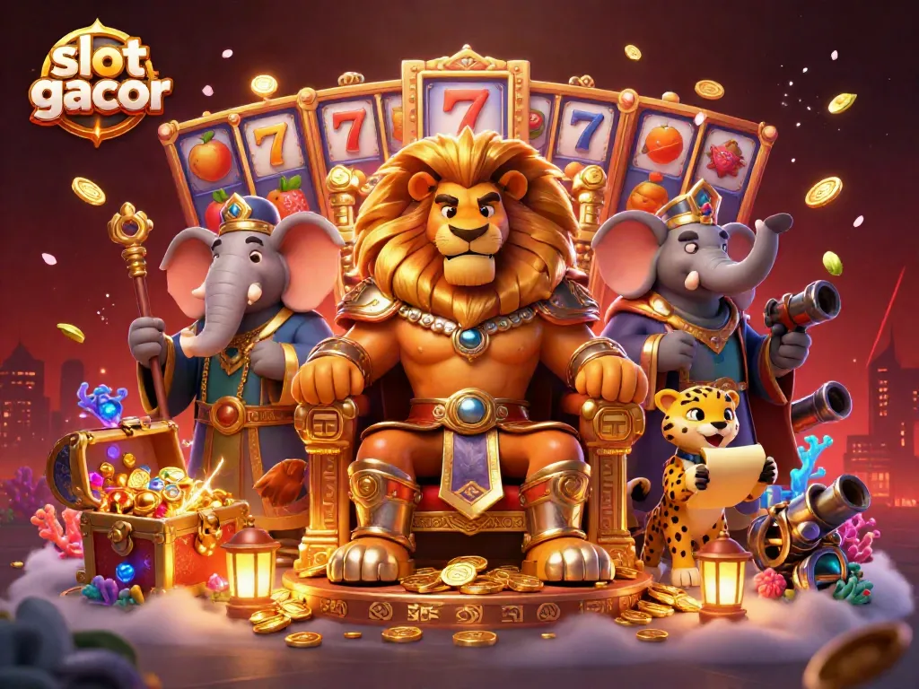 This illustration showcases slot gacor featuring a lion king, elephant advisor, and cheetah amidst rich casino elements.