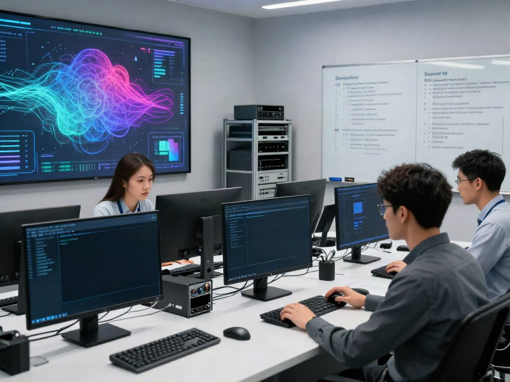 Security configuration review scene with cybersecurity experts analyzing cloud settings and threat analytics.
