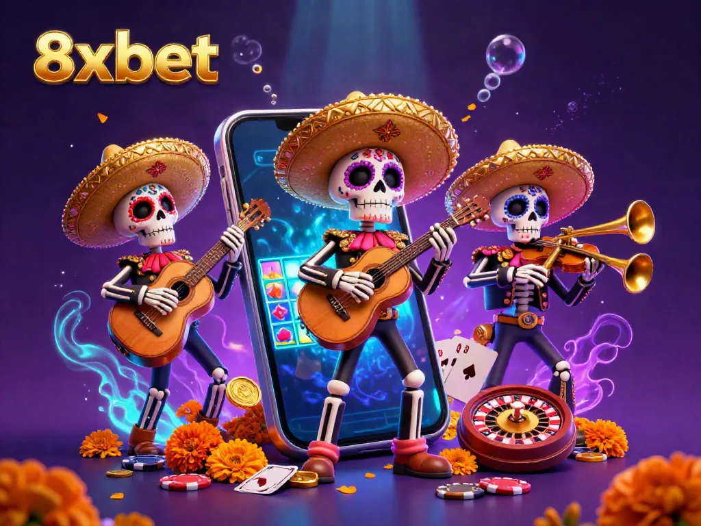 Experience excitement with 8xbet in this colorful casino scene featuring a mariachi band and gaming elements.