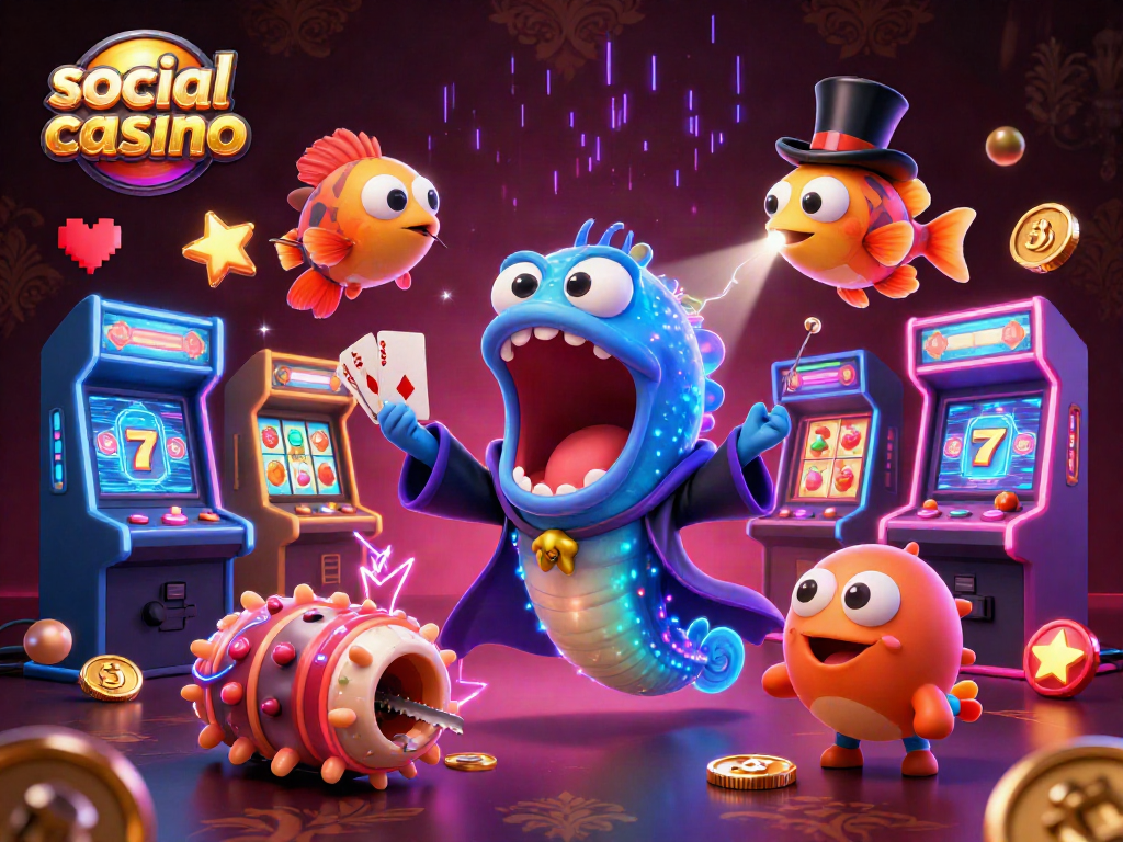 Engage in a thrilling social casino experience with an ultra-detailed 3D scene showcasing vibrant characters and game elements.