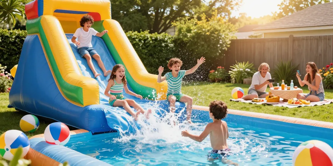 Family enjoying inflatable water slides water in vibrant backyard setting during summer fun.