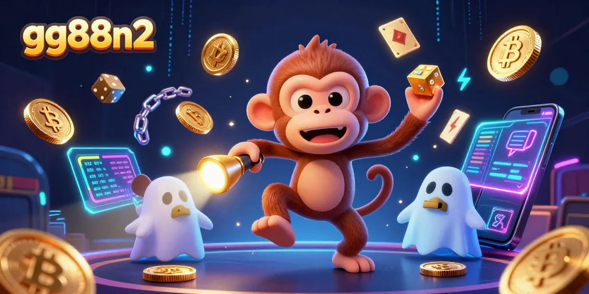 Engage with gg88n2's vibrant casino scene featuring a mischievous poltergeist monkey and a ghost-hunter puppy.