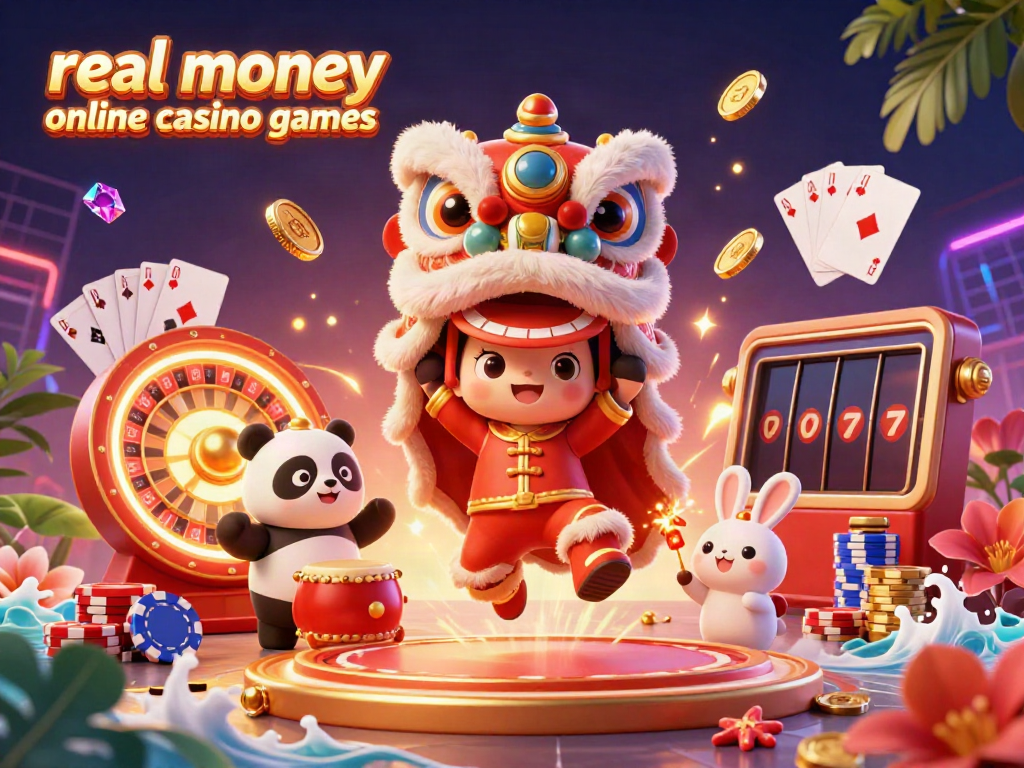 Engage with real money online casino games through this vibrant 3D illustration featuring festive characters and casino elements.