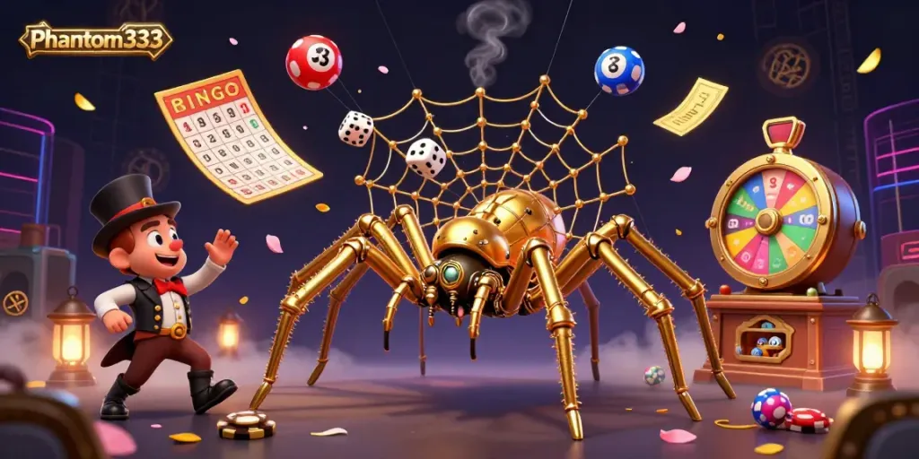Experience the thrill of Phantom333 with a vibrant illustration of golden spider games and dynamic lottery action.