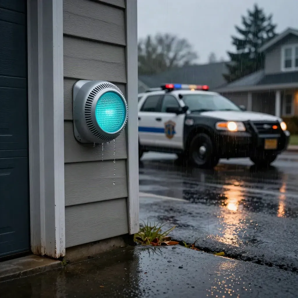 Rainy suburban driveway callout with flashing wall siren, dark garage and patrol SUV reflections.