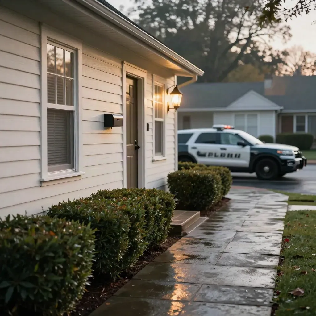 Quiet home exterior with glowing porch light and a blurred patrol SUV beyond hedges