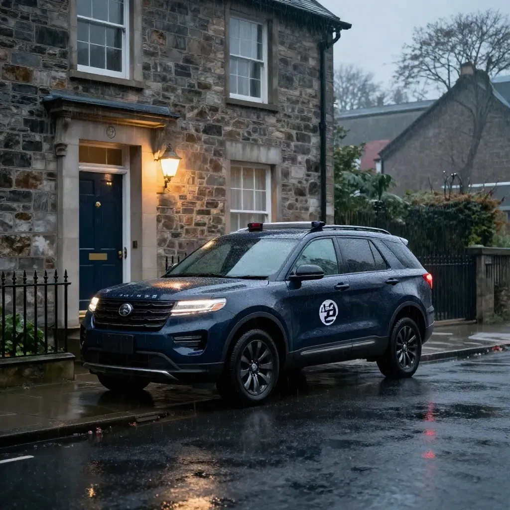 Midnight-navy security SUV by a rain-dark townhouse gate under a motion light, wet driveway in haze.