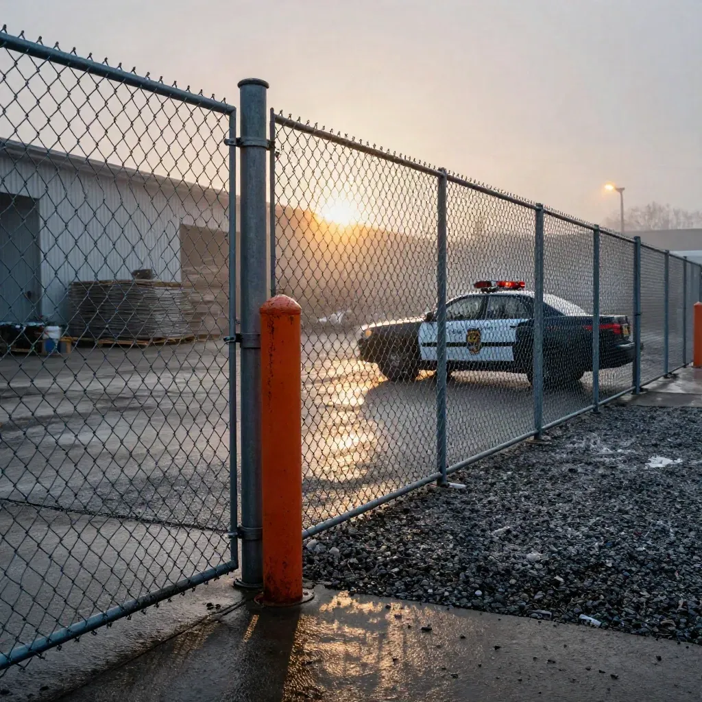 Warehouse yard gate at pre-dawn with a patrol vehicle, sleet, and mist.