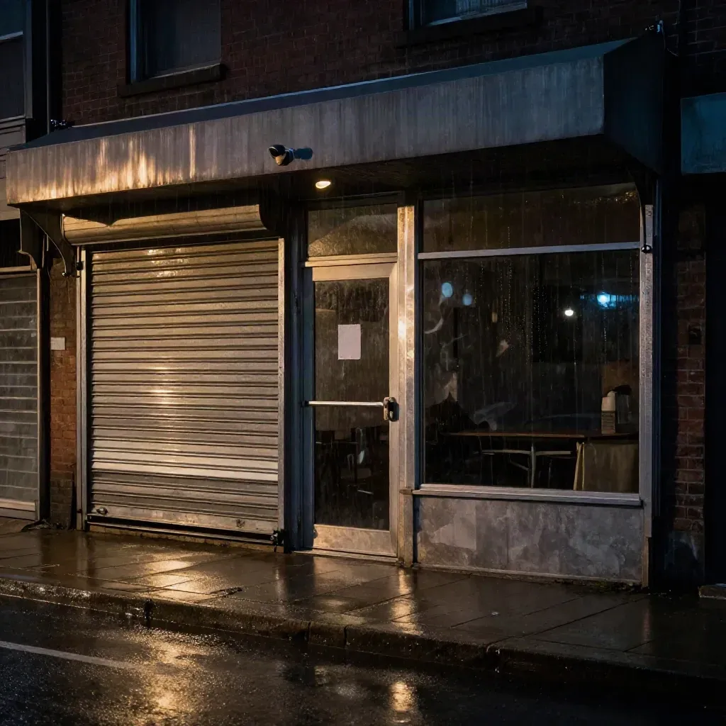 Night shopfront with shutter down, alarm beacon, wet curb, and hazy reflections.