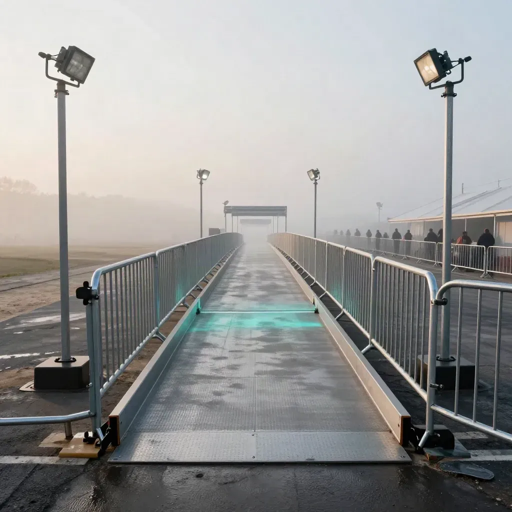 Floodlit event gate and barriers in fog at a fairground entry lane at dusk