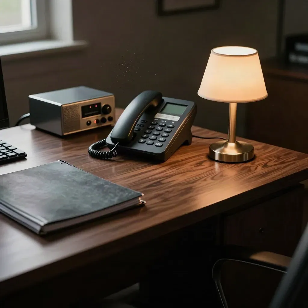 Quiet dispatch desk with phone, binder, radio base, and lamp in warm late-afternoon light.