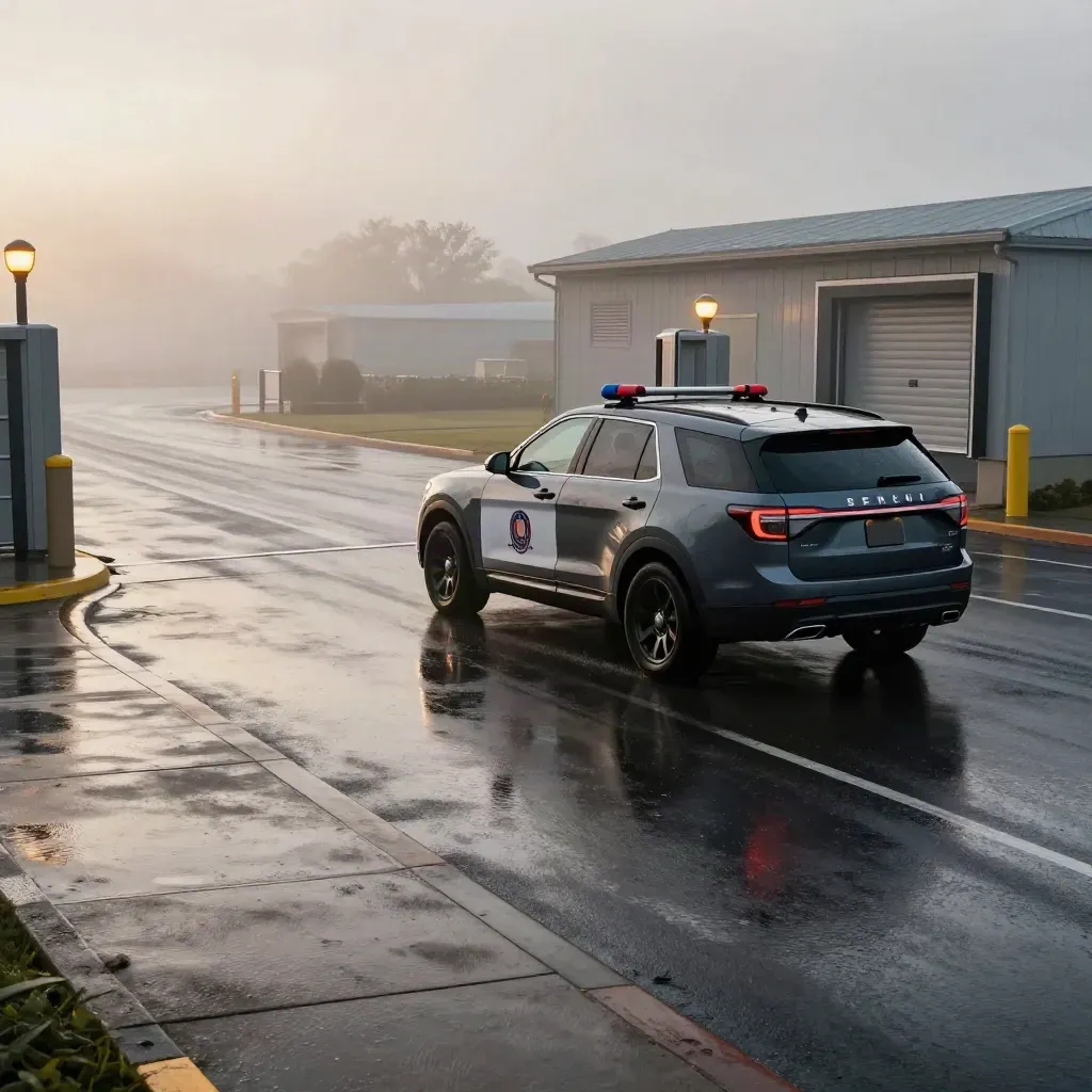 Unmarked security SUV curves through a foggy parking lot past gates, loading bays, and bollards.