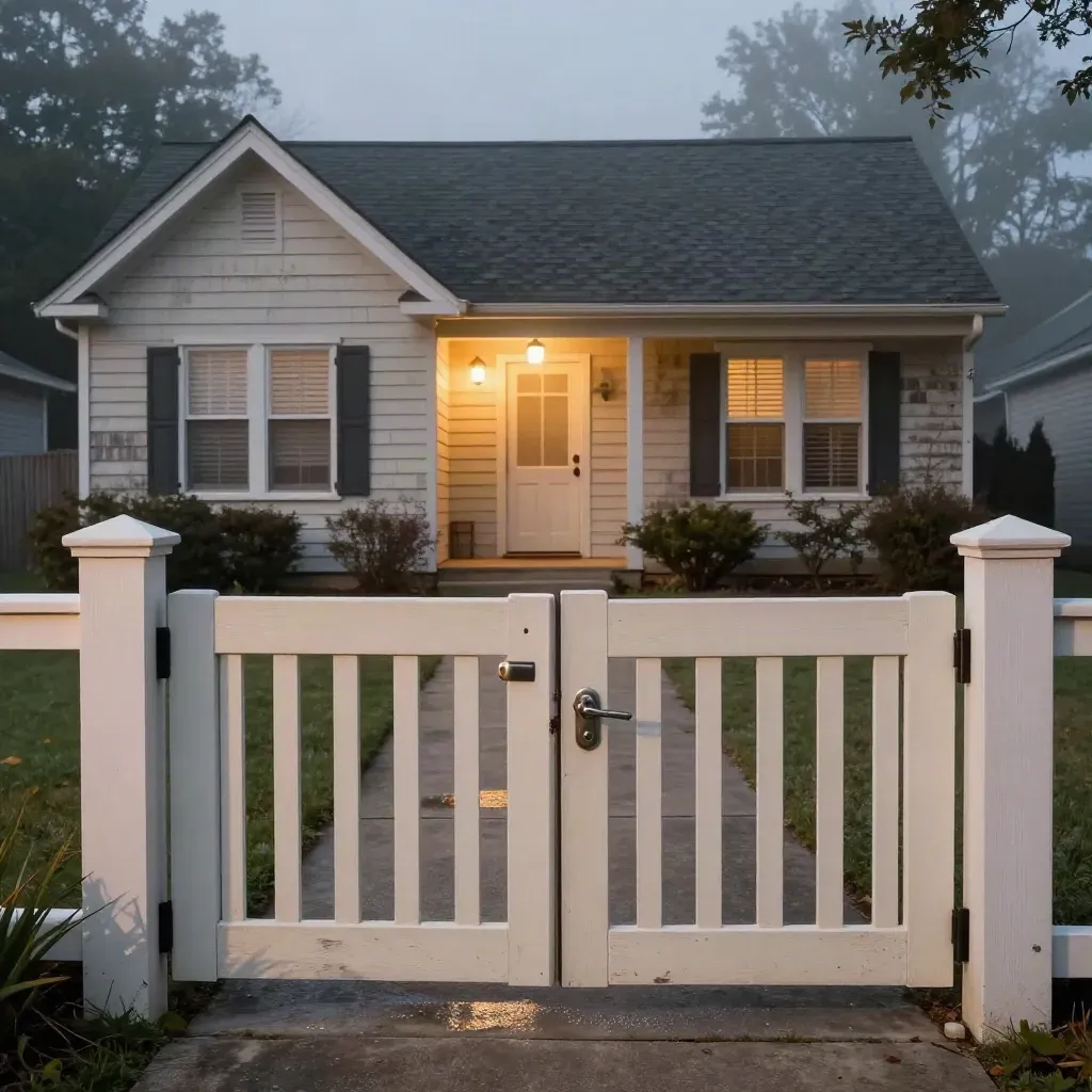 Pre-dawn craftsman home with glowing porch lamp, drawn blinds, and a side gate in mist.