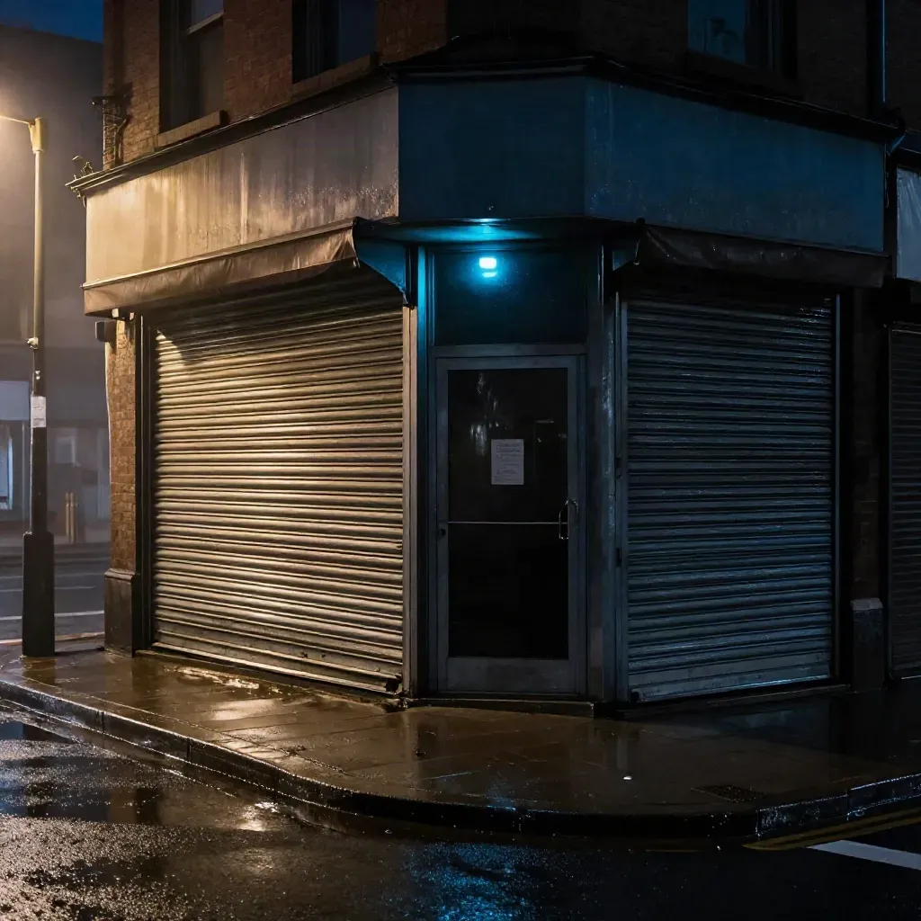 Shuttered corner shop at night, wet pavement, cyan alarm beacon, rain sheen and dark glass.