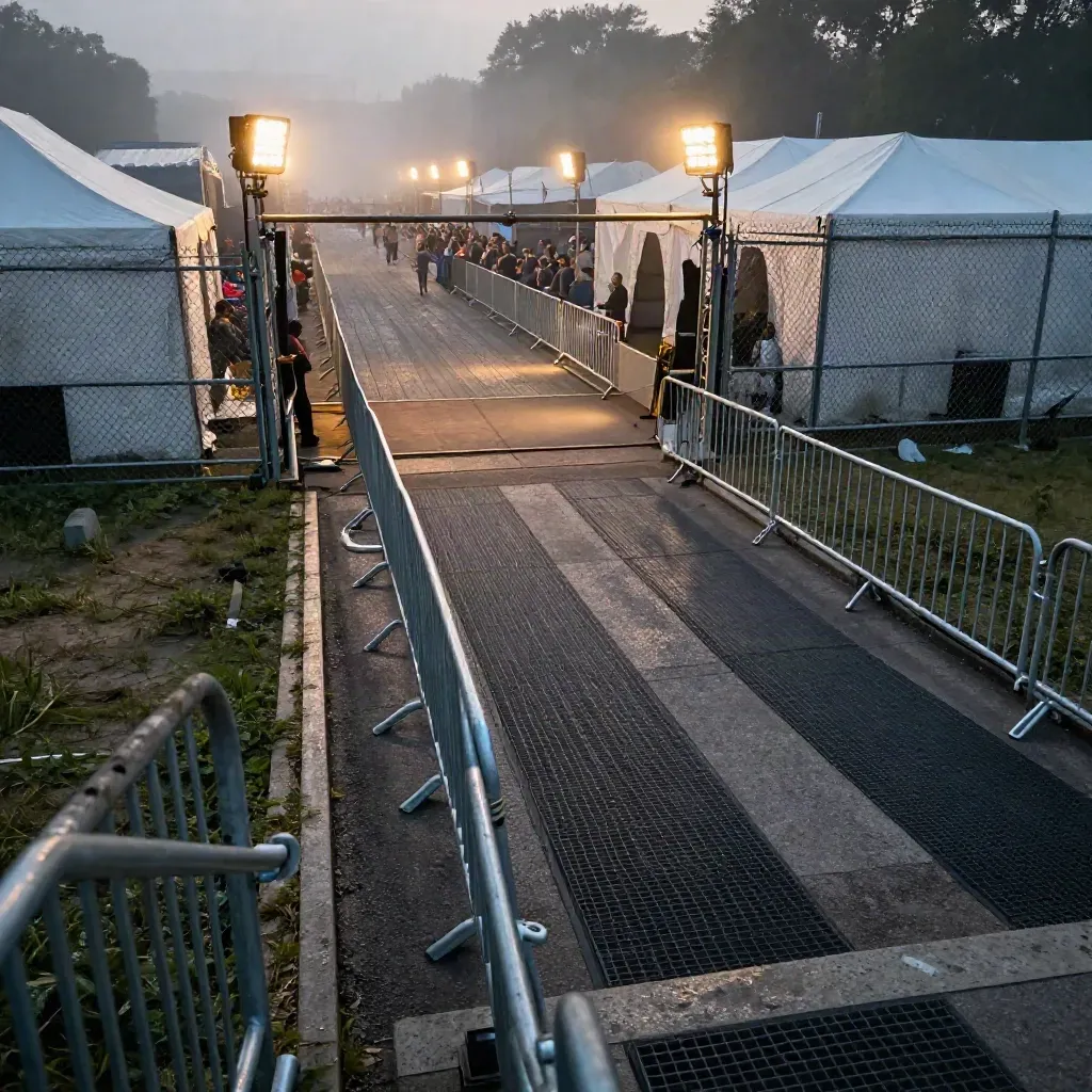 High-angle view of an empty festival gate lane with barricades, checkpoint tent and foggy floodlights.