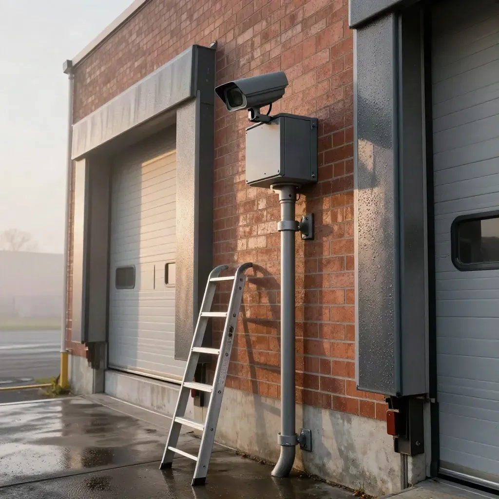 Low-angle dock scene with a newly mounted CCTV unit, ladder, conduit, and damp terracotta brick.