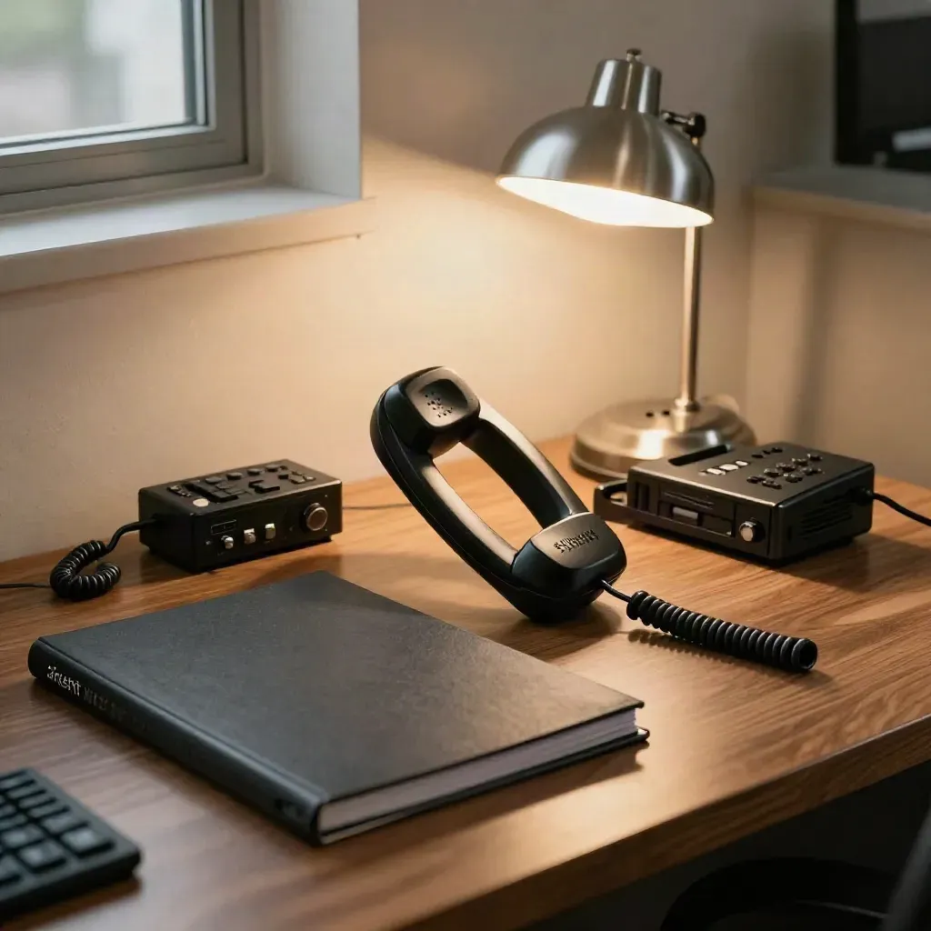 Black phone, report binder, radio base and lamp on a warm dispatch desk in soft window light
