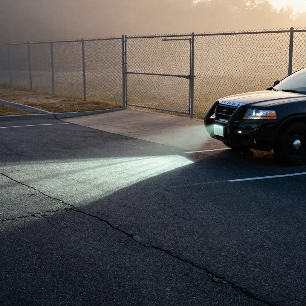 Patrol SUV headlights sweep an empty lot, revealing a fence and gate in low fog.