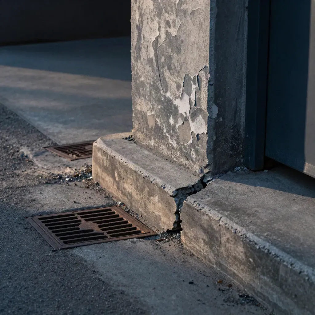 Cracked curb, utility gate and drain cover at a quiet industrial corner in dawn light.
