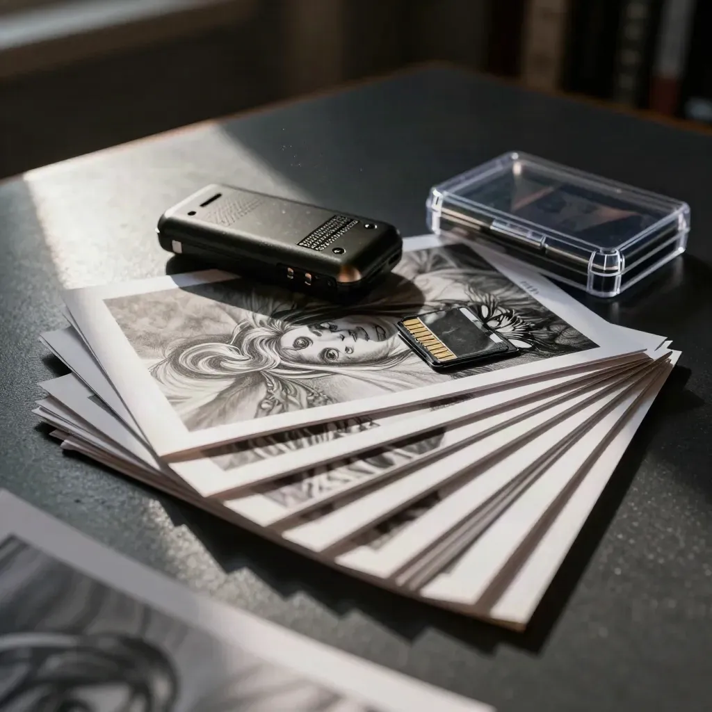 Incident prints, voice recorder and memory card case on a dark table in dramatic raking light.