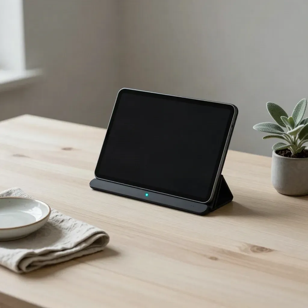 Remote monitoring tablet dock with linen, dish, and plant on pale wood.