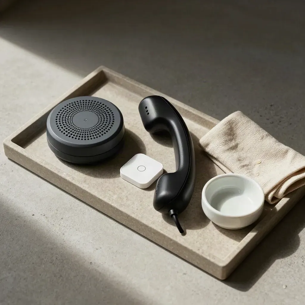 Alarm siren puck, door sensor, handset, cloth, and ceramic dish on a stone tray.