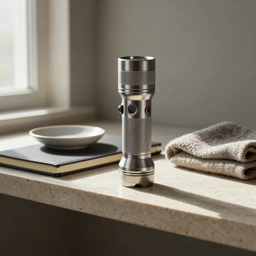 Flashlight, closed notebook, ceramic dish and wool cloth on a stone shelf