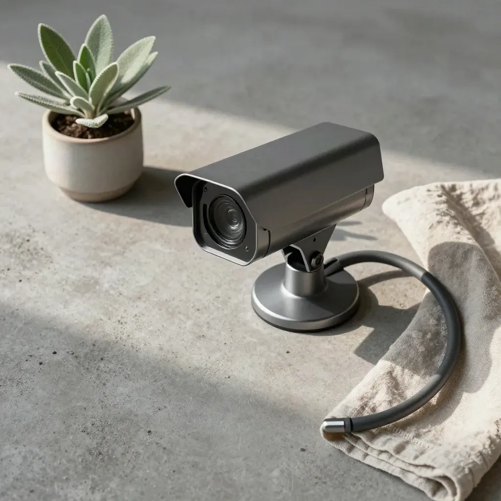 Overhead flatlay of a bullet security camera, plant and linen cloth on concrete.