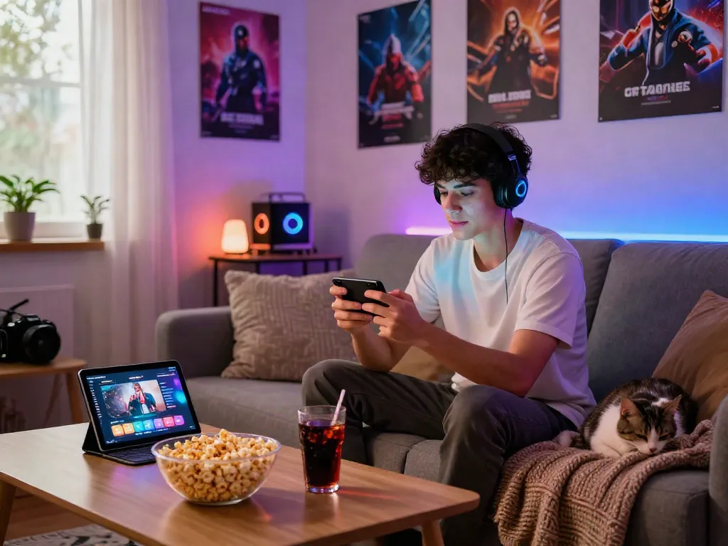 Engaged gamer using m88 link mobile on a smartphone in a cozy living room.