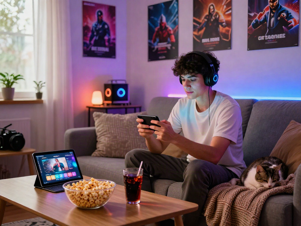 Engaged gamer using m88 link mobile on a smartphone in a cozy living room.