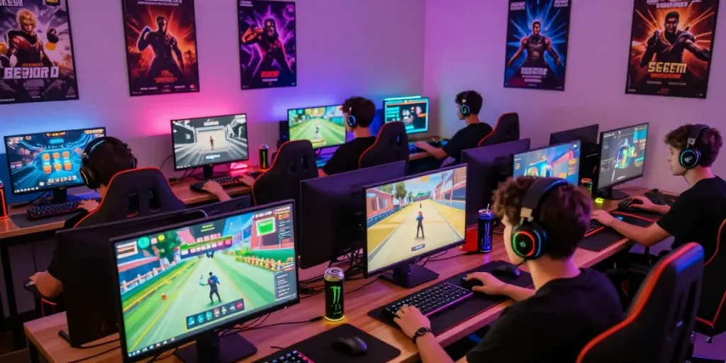 Players immersed in competitive online gaming at ROKOK88, showcasing vibrant setups and virtual challenges.
