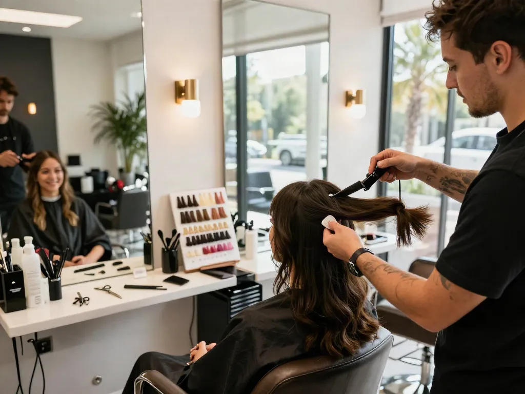 Tape-in extensions human hair being applied in a modern salon setting, showcasing vibrant colors and styling tools.