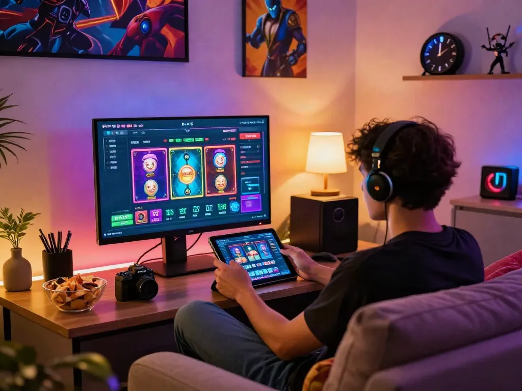 Engaged user exploring situs slot on a sleek gaming tablet in a cozy gaming space.