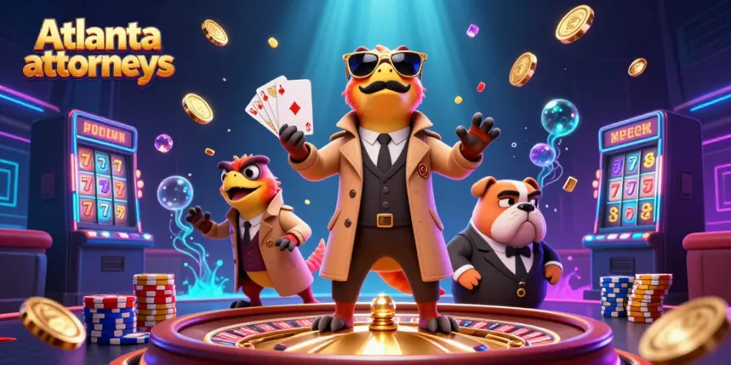 Atlanta attorneys engaging in a whimsical casino adventure, surrounded by vibrant gambling elements.
