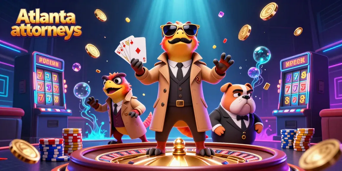 Atlanta attorneys engaging in a whimsical casino adventure, surrounded by vibrant gambling elements.