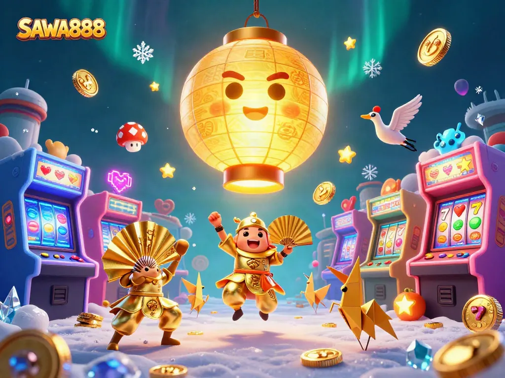 SAWA888 shines in this vibrant casino-themed illustration, showcasing captivating slot elements and energetic characters.