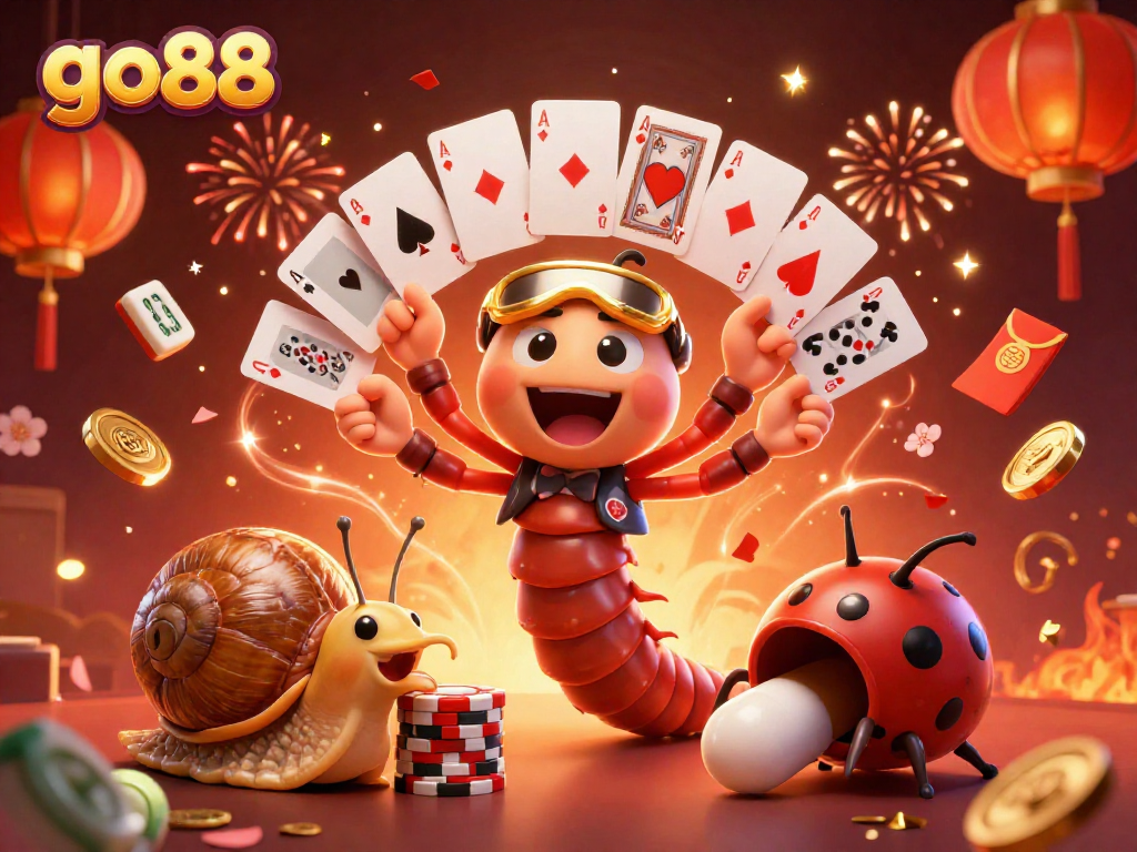 Bet big at go88 with a vibrant 3D casino scene filled with excitement, chips, and celebratory elements.