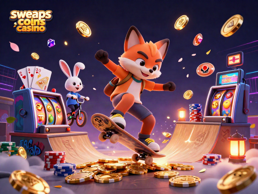 Crowd-favorite action from sweeps coins casino featuring a skateboarder fox and BMX rabbit amidst vibrant gaming elements.