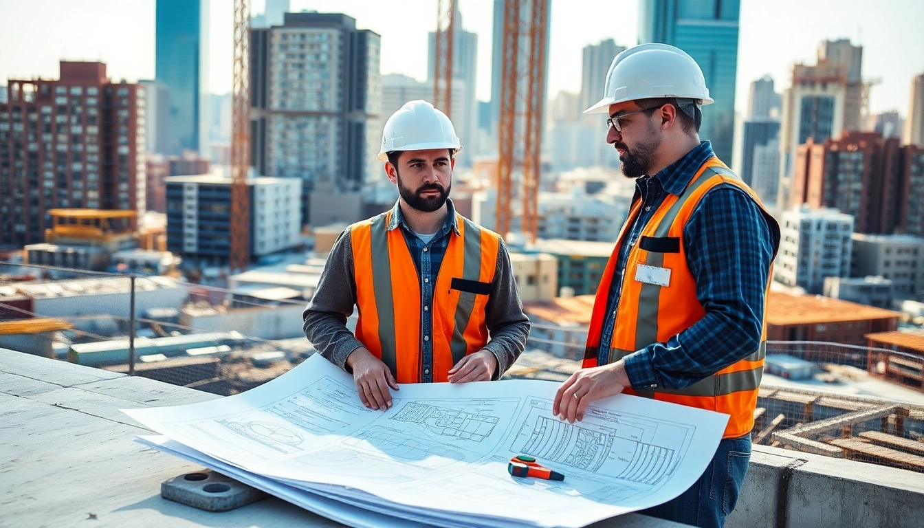 New Jersey General Contractor overseeing a construction site with urban skyline in the background.