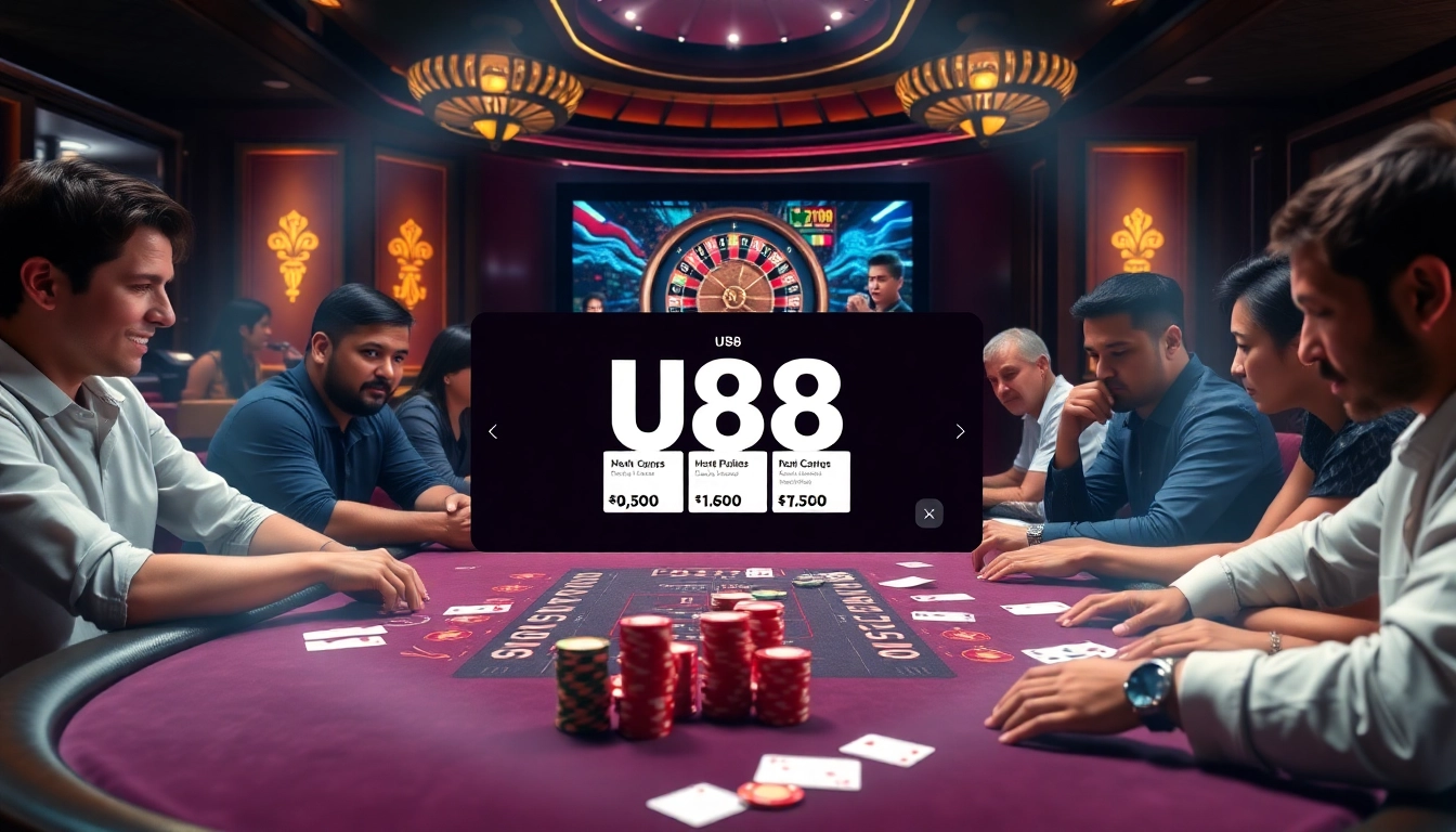 Engaged players enjoying U88-themed games at a luxurious casino poker table.