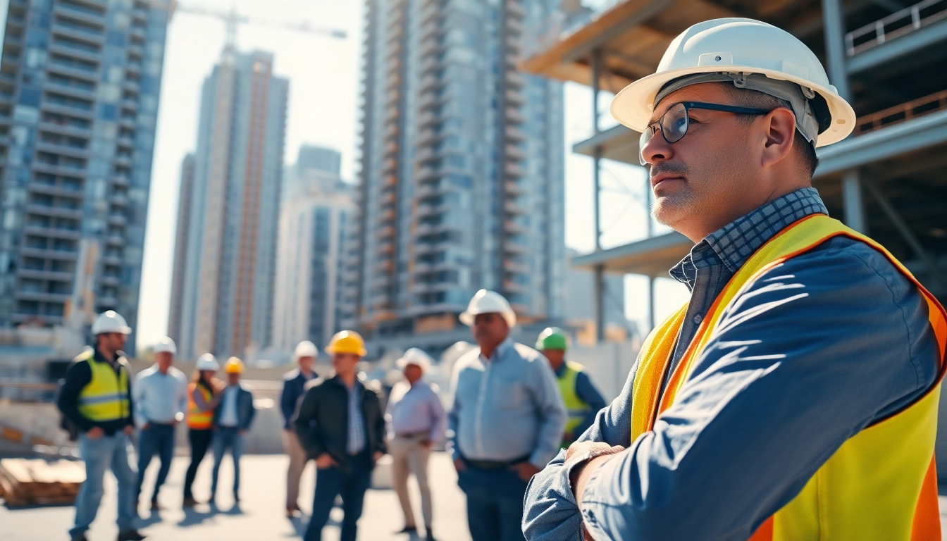 Manhattan General Contractor leading a construction project with modern skyline in the background.