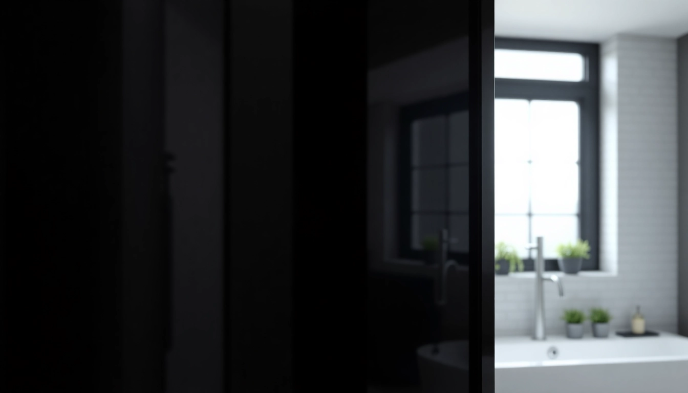 Stylish black shower door highlighting a modern bathroom design.