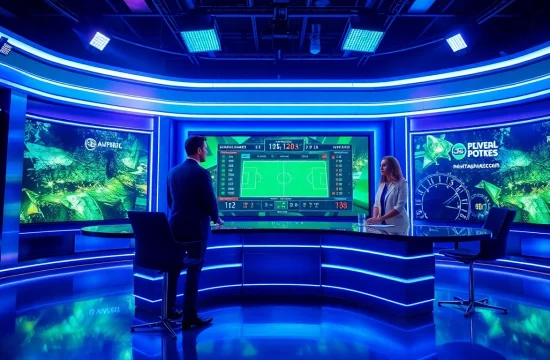 Engaging visuals of Sports Broadcasting in a dynamic studio setup with live game statistics.