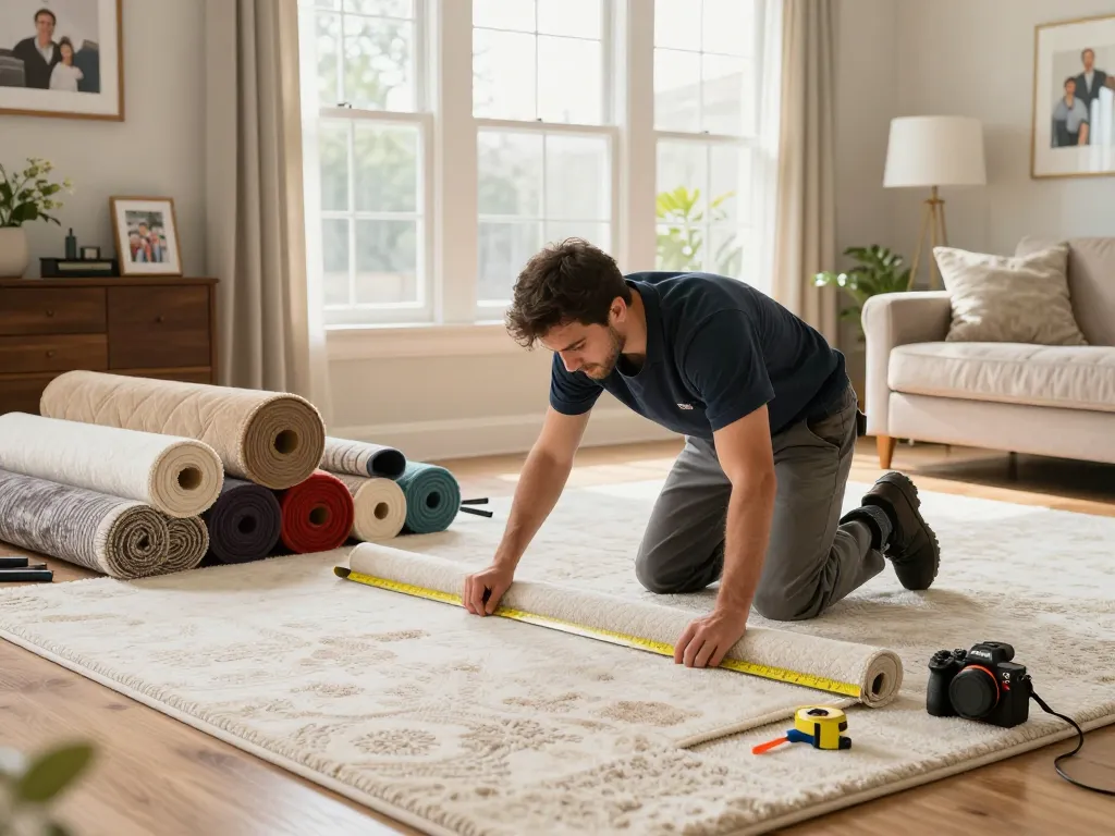 Residential carpet installation in a bright living room with an installer measuring carpet, showcasing quality craftsmanship and home comfort.