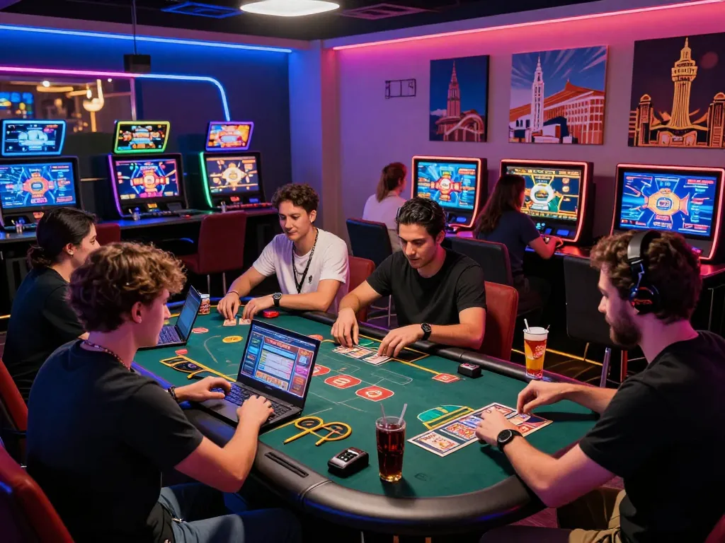 Group enjoying bomwin online gaming experience in a vibrant virtual casino setting.