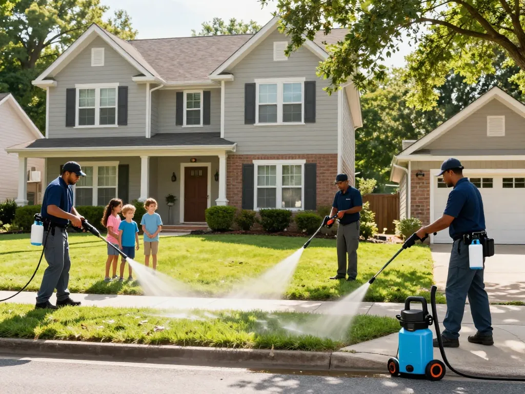 Exterior cleaning services Atlanta team pressure washing a home, showcasing effective techniques and quality service.