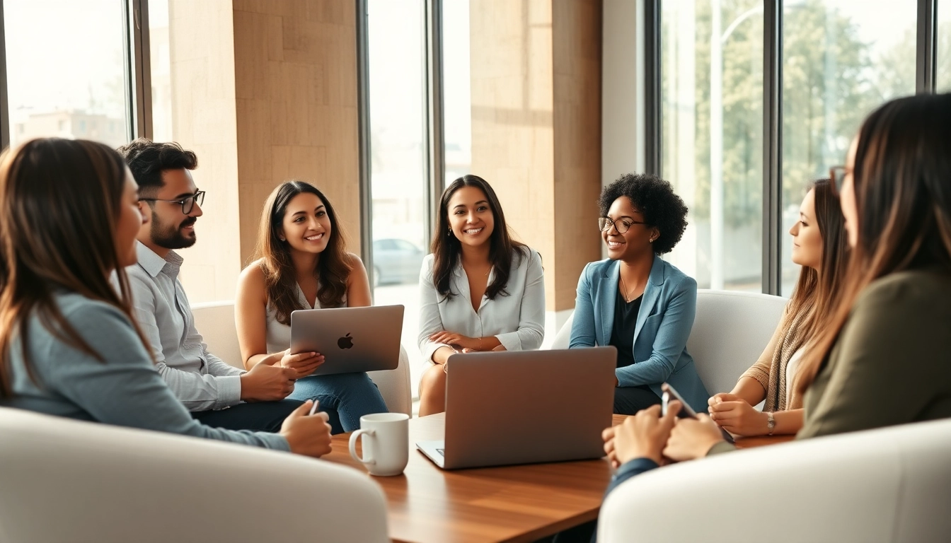 Engaging session in career coaching with diverse individuals collaborating in a bright office.